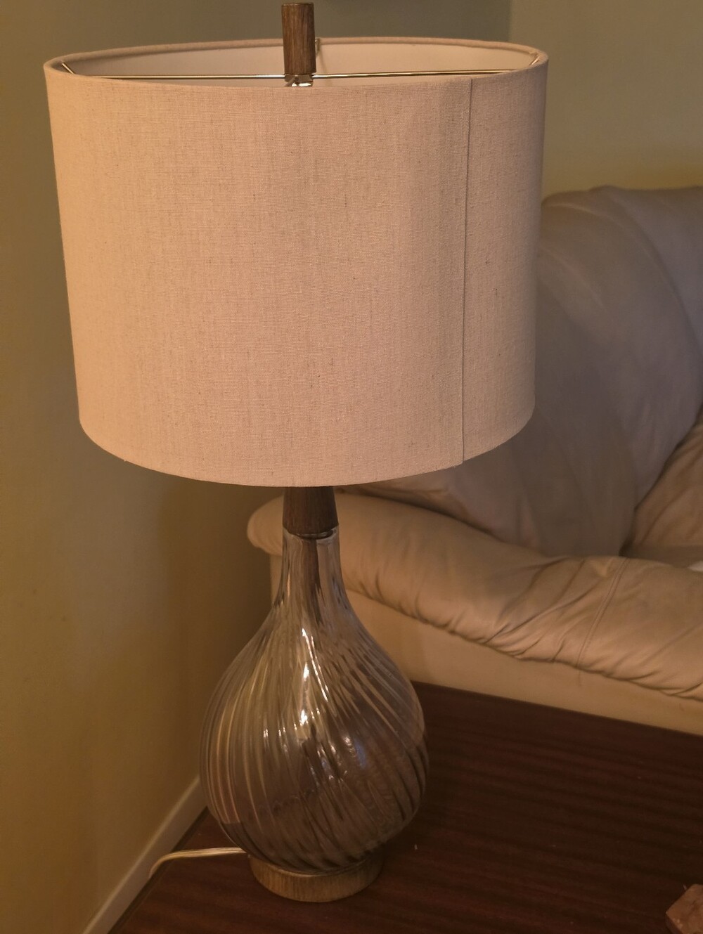 Neutral Beige Drum Shade Table Lamp with Glass Swirl Base